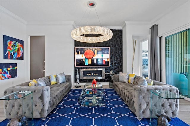 living room featuring ornamental molding and wood finished floors