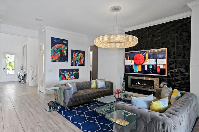 living area featuring crown molding, baseboards, stairs, and a warm lit fireplace