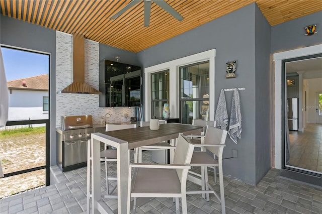 view of patio / terrace with ceiling fan, outdoor dining area, and a grill