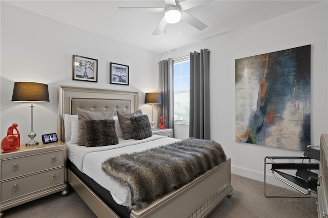 bedroom with carpet floors, baseboards, and ceiling fan