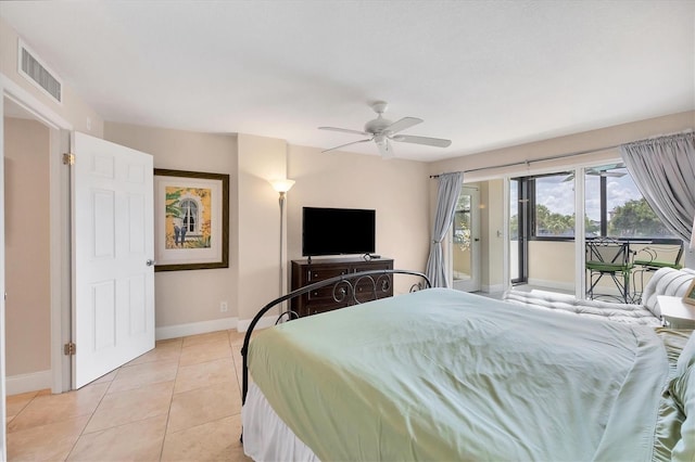 bedroom featuring access to outside, ceiling fan, baseboards, light tile patterned floors, and visible vents