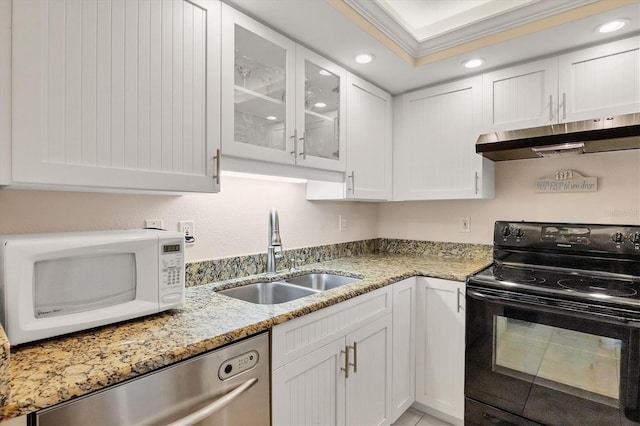 kitchen with stainless steel dishwasher, white microwave, under cabinet range hood, black electric range, and a sink