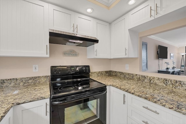kitchen with electric range, ornamental molding, under cabinet range hood, recessed lighting, and white cabinetry
