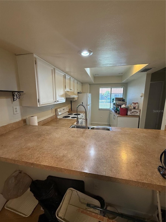7360 Ulmerton Rd Unit 20F, Largo, FL 33771 - kitchen featuring a sink, under cabinet range hood, white cabinets, white appliances, and a peninsula
