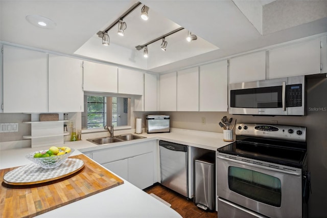 6514 Sunhigh Dr, New Port Richey, FL 34655 - kitchen with appliances with stainless steel finishes, a sink, light countertops, white cabinets, and a tray ceiling