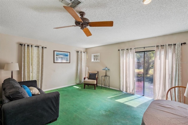 6514 Sunhigh Dr, New Port Richey, FL 34655 - living area with a textured ceiling, carpet, ceiling fan, and baseboards