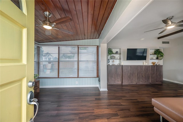 living room with visible vents, a ceiling fan, baseboards, and lofted ceiling with beams