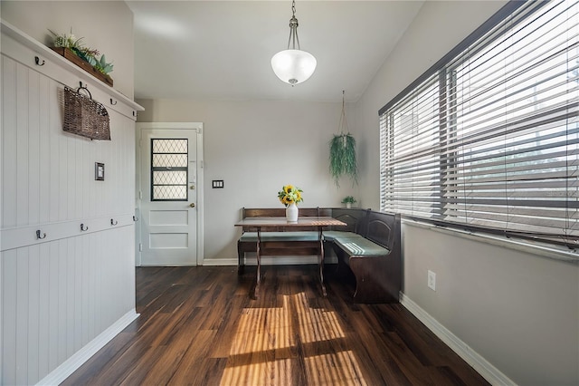 dining space featuring baseboards and dark wood-type flooring