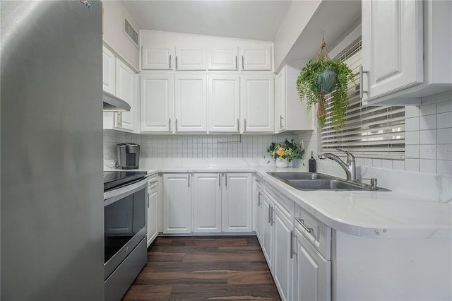 kitchen with decorative backsplash, light countertops, under cabinet range hood, a sink, and stainless steel appliances