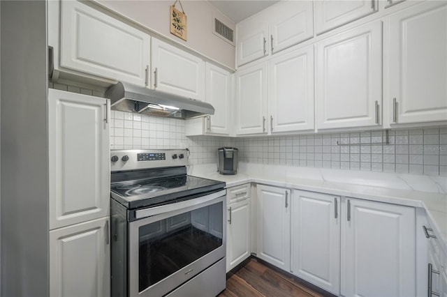 kitchen with under cabinet range hood, white cabinetry, and stainless steel range with electric stovetop