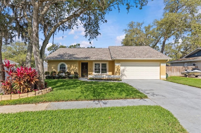 ranch-style home with stucco siding, an attached garage, and concrete driveway