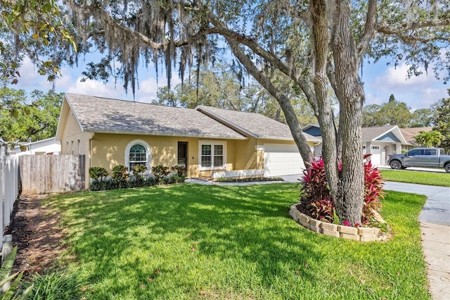 single story home featuring stucco siding, an attached garage, a shingled roof, and concrete driveway