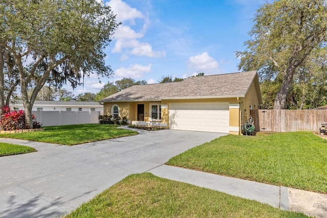 ranch-style house with a garage, stucco siding, and driveway