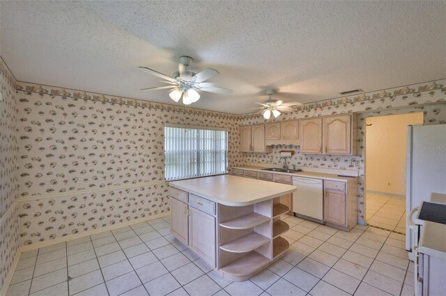 1915 W Del Webb Blvd, Sun City Center, FL 33573 - kitchen featuring white appliances, wallpapered walls, open shelves, a ceiling fan, and light countertops