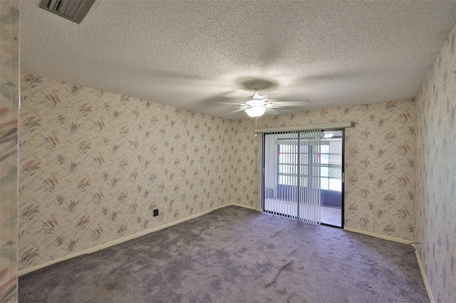 1915 W Del Webb Blvd, Sun City Center, FL 33573 - unfurnished room with ceiling fan, carpet flooring, a textured ceiling, wallpapered walls, and baseboards