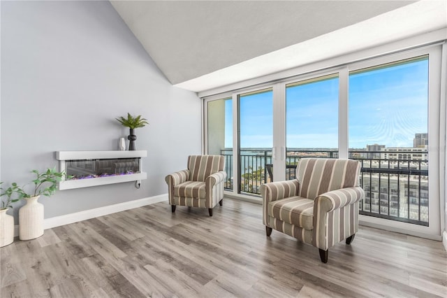 1390 Gulf Blvd Unit Ph-5, Clearwater, FL 33767 - living area featuring lofted ceiling, plenty of natural light, wood finished floors, and baseboards