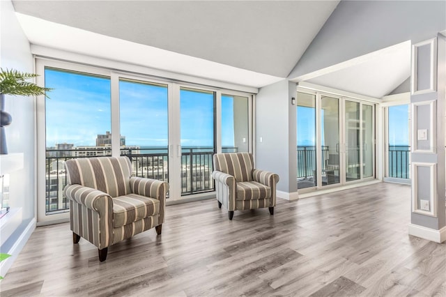 1390 Gulf Blvd Unit Ph-5, Clearwater, FL 33767 - living area featuring lofted ceiling, wood finished floors, and baseboards