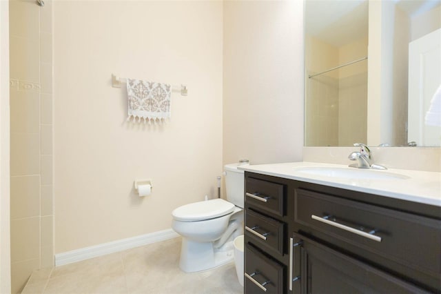 full bath with walk in shower, vanity, tile patterned floors, baseboards, and toilet