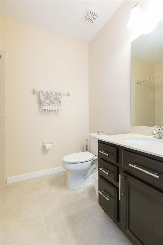 full bath with a tile shower, tile patterned flooring, vanity, toilet, and visible vents