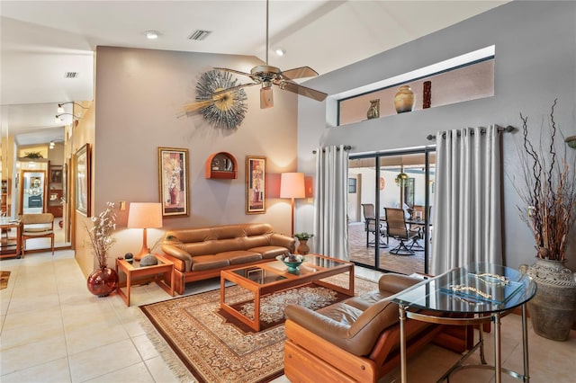 7353 Dogwood Cres, Spring Hill, FL 34607 - tiled living area with high vaulted ceiling and a ceiling fan