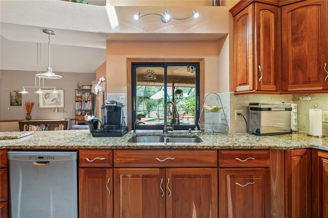 7353 Dogwood Cres, Spring Hill, FL 34607 - kitchen featuring stainless steel dishwasher, a sink, light stone countertops, vaulted ceiling, and decorative backsplash