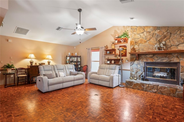 7353 Dogwood Cres, Spring Hill, FL 34607 - living room with vaulted ceiling, a ceiling fan, and a fireplace