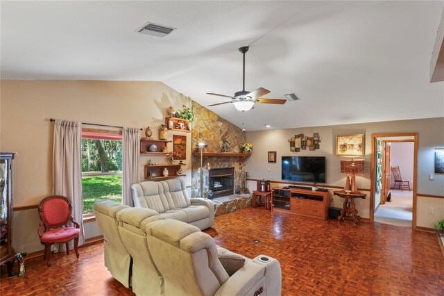 7353 Dogwood Cres, Spring Hill, FL 34607 - living room featuring vaulted ceiling, a ceiling fan, a fireplace, and baseboards