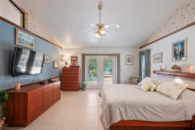 7353 Dogwood Cres, Spring Hill, FL 34607 - bedroom with access to outside, light tile patterned flooring, ceiling fan, french doors, and high vaulted ceiling