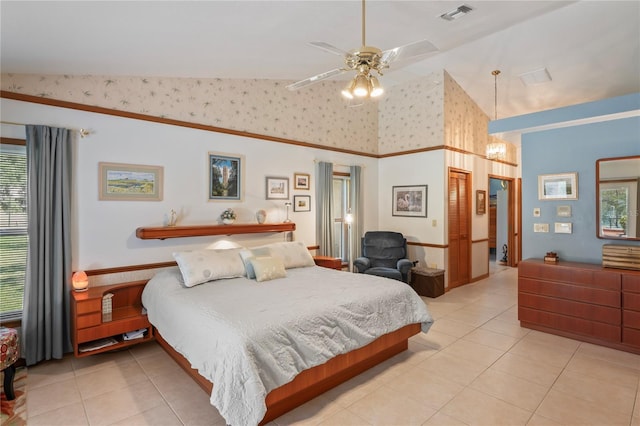 7353 Dogwood Cres, Spring Hill, FL 34607 - bedroom with wallpapered walls, light tile patterned floors, a towering ceiling, a chandelier, and a wainscoted wall