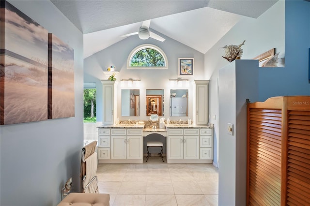 7353 Dogwood Cres, Spring Hill, FL 34607 - full bathroom featuring a ceiling fan, vanity, and high vaulted ceiling