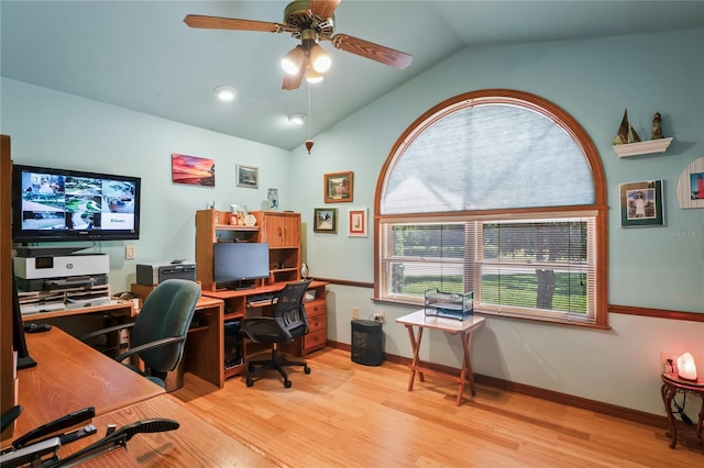 7353 Dogwood Cres, Spring Hill, FL 34607 - office featuring lofted ceiling, light wood-type flooring, ceiling fan, and baseboards