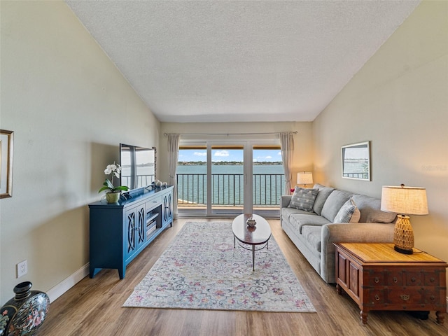 living area featuring baseboards, vaulted ceiling, a textured ceiling, and wood finished floors