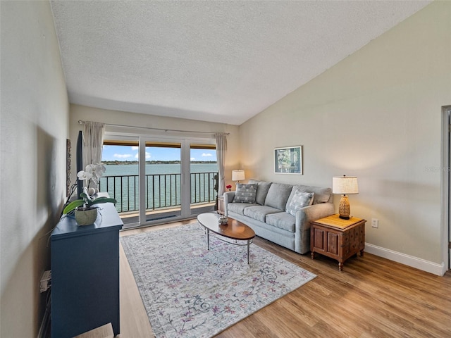 living area with lofted ceiling, baseboards, light wood-type flooring, a textured ceiling, and a water view