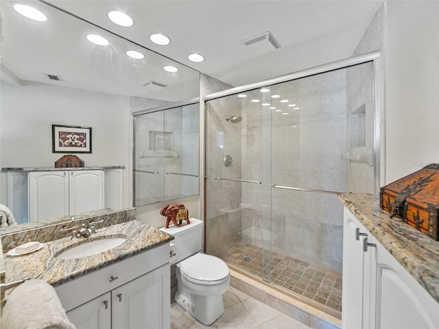full bath with vanity, a shower stall, and visible vents