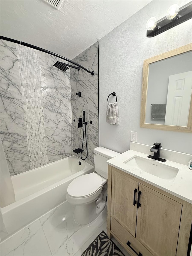 635 Mccormick St, Daytona Beach, FL 32114 - bathroom with a textured ceiling, vanity, toilet, marble finish floor, and bathing tub / shower combination