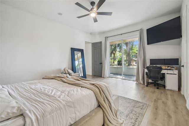 bedroom with light wood-type flooring, ceiling fan, and access to exterior
