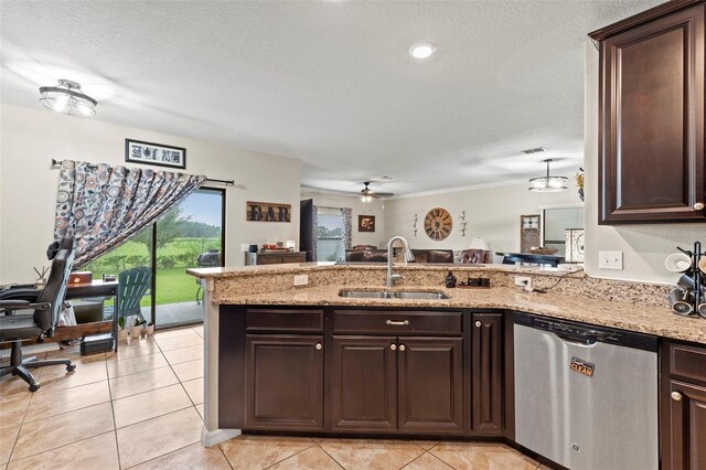 11871 Crestridge Loop, Trinity, FL 34655 - kitchen with dark brown cabinets, a sink, dishwasher, a textured ceiling, and a peninsula