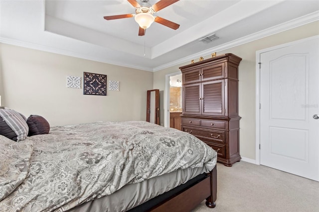 11871 Crestridge Loop, Trinity, FL 34655 - bedroom with visible vents, ornamental molding, ceiling fan, light colored carpet, and a tray ceiling