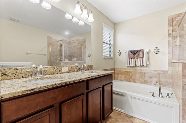 11871 Crestridge Loop, Trinity, FL 34655 - bathroom with double vanity, a sink, a bath, and a stall shower