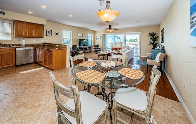 dining space featuring baseboards, ceiling fan, recessed lighting, and visible vents