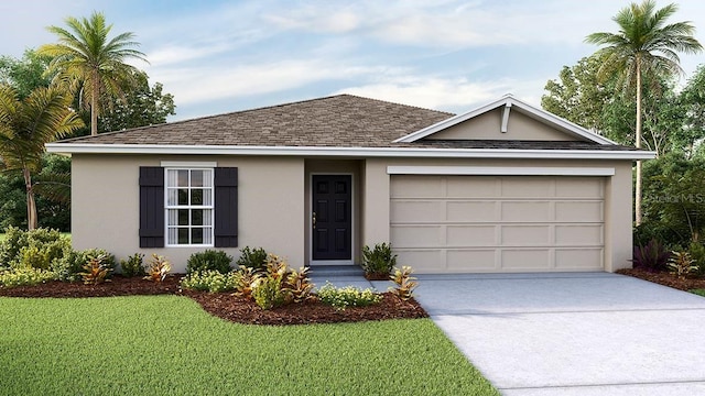 ranch-style home featuring a garage, stucco siding, and concrete driveway