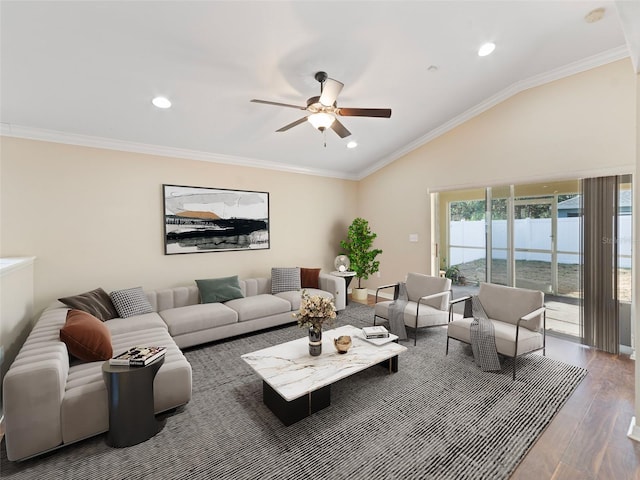 living area featuring recessed lighting, a ceiling fan, lofted ceiling, and wood finished floors