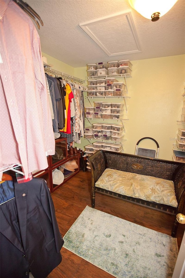 spacious closet featuring attic access and wood finished floors