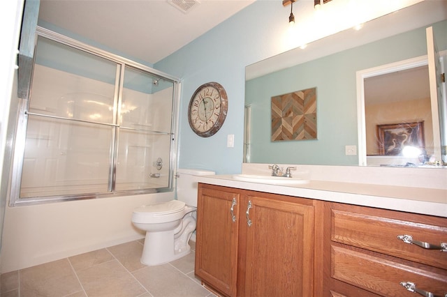 bathroom featuring visible vents, vanity, tile patterned floors, toilet, and enclosed tub / shower combo