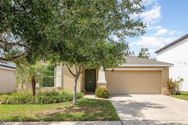 view of property hidden behind natural elements with driveway, stucco siding, and an attached garage