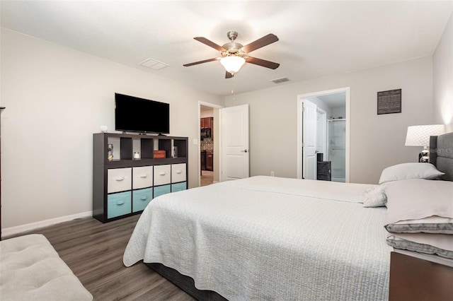 bedroom with baseboards, a ceiling fan, visible vents, and wood finished floors