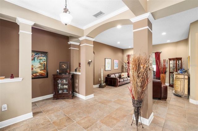 11845 Newberry Grove Loop, Riverview, FL 33579 - foyer with decorative columns, ornamental molding, baseboards, stone tile floors, and recessed lighting