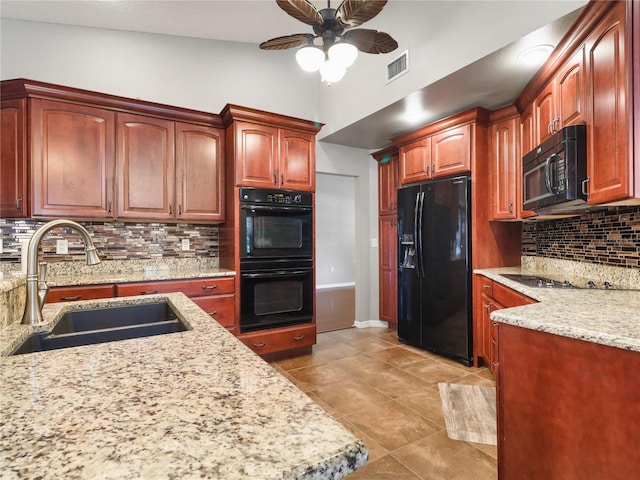 kitchen featuring a ceiling fan, visible vents, a sink, backsplash, and black appliances