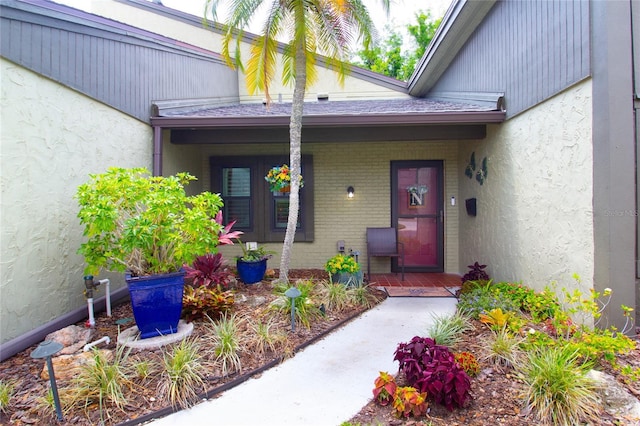 entrance to property with a porch, stucco siding, and brick siding