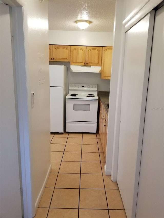 2210 Irene St, Lutz, FL 33549 - kitchen with white appliances, light tile patterned floors, under cabinet range hood, light brown cabinetry, and a textured ceiling